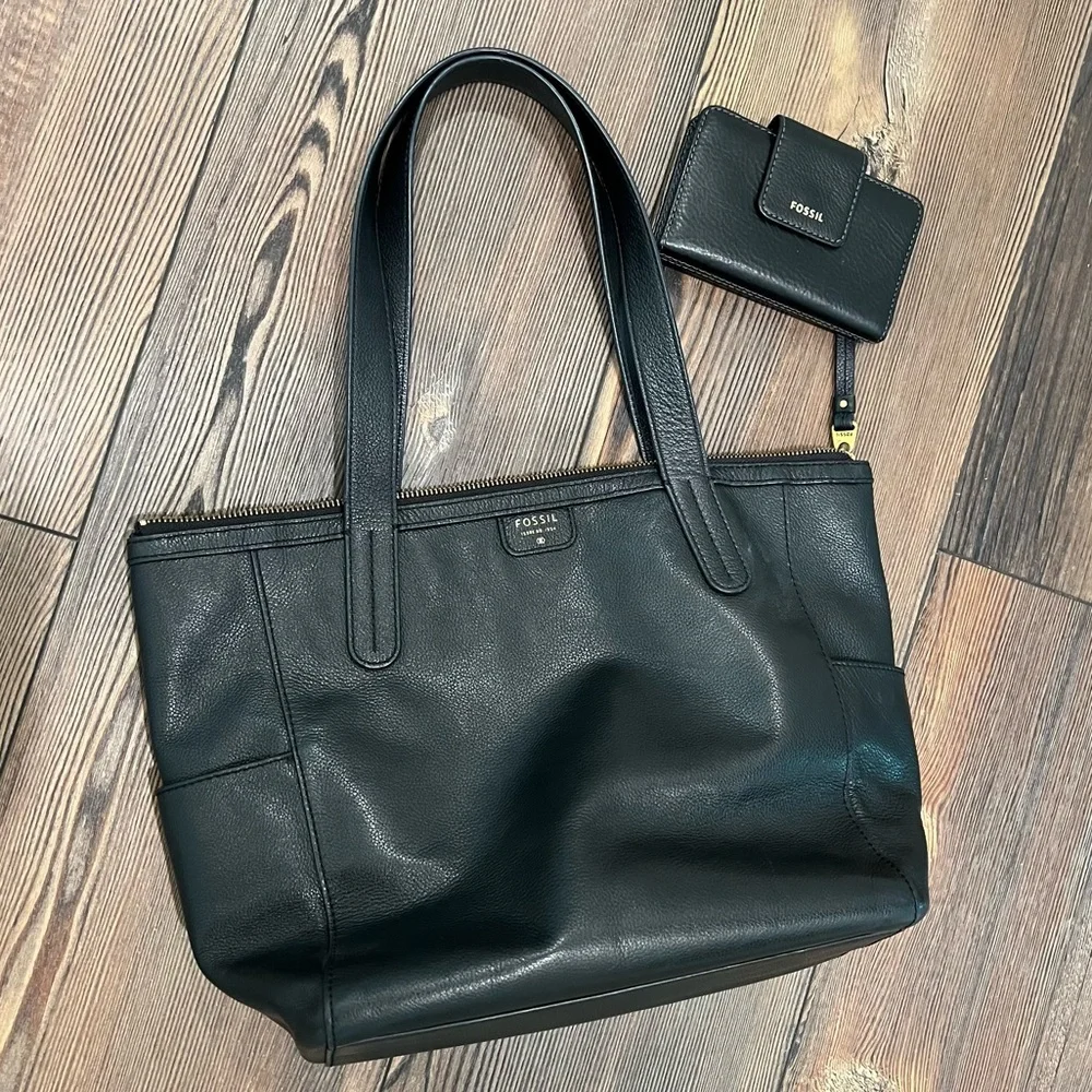 FOSSIL TOTE WALLET SET GENUINE LEATHER BLACK GOLD HARDWARE